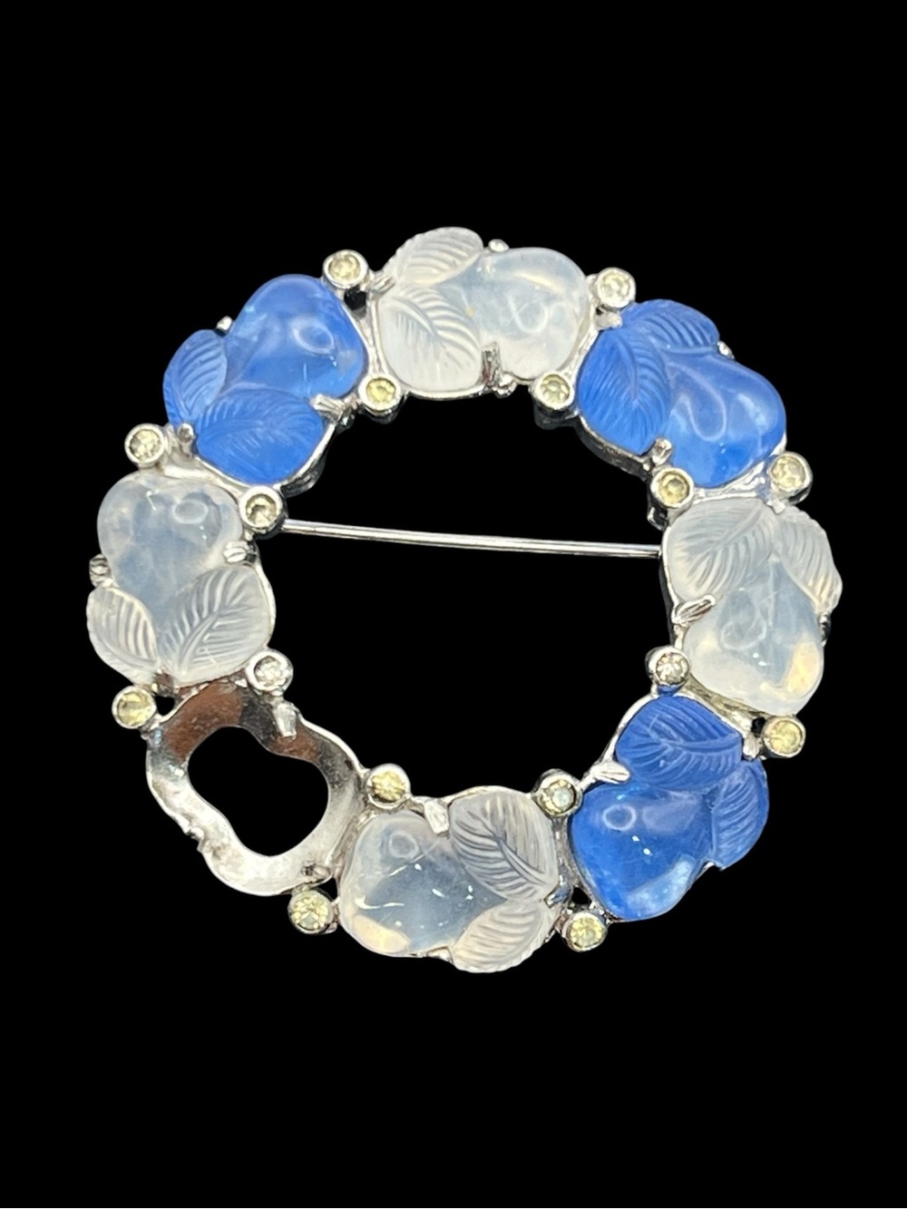 Crown Trifari molded glass fruits salad rhinestone blue silver brooch pin leaves
